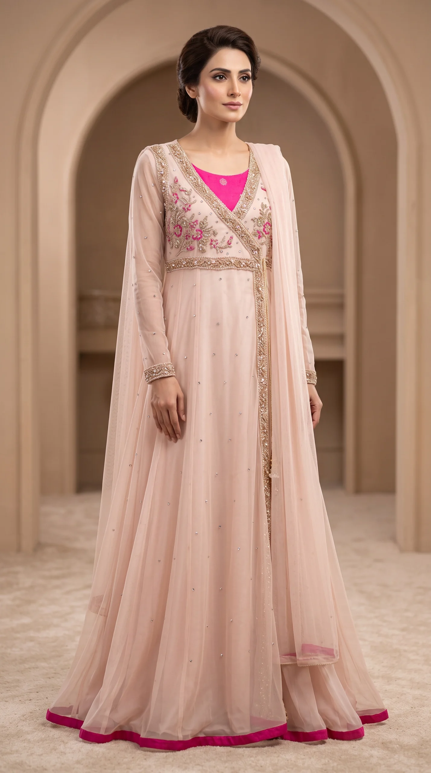 Blush Pink Angrakha Style Maxi Gown with Dupatta – Formal Wedding & Reception Wear