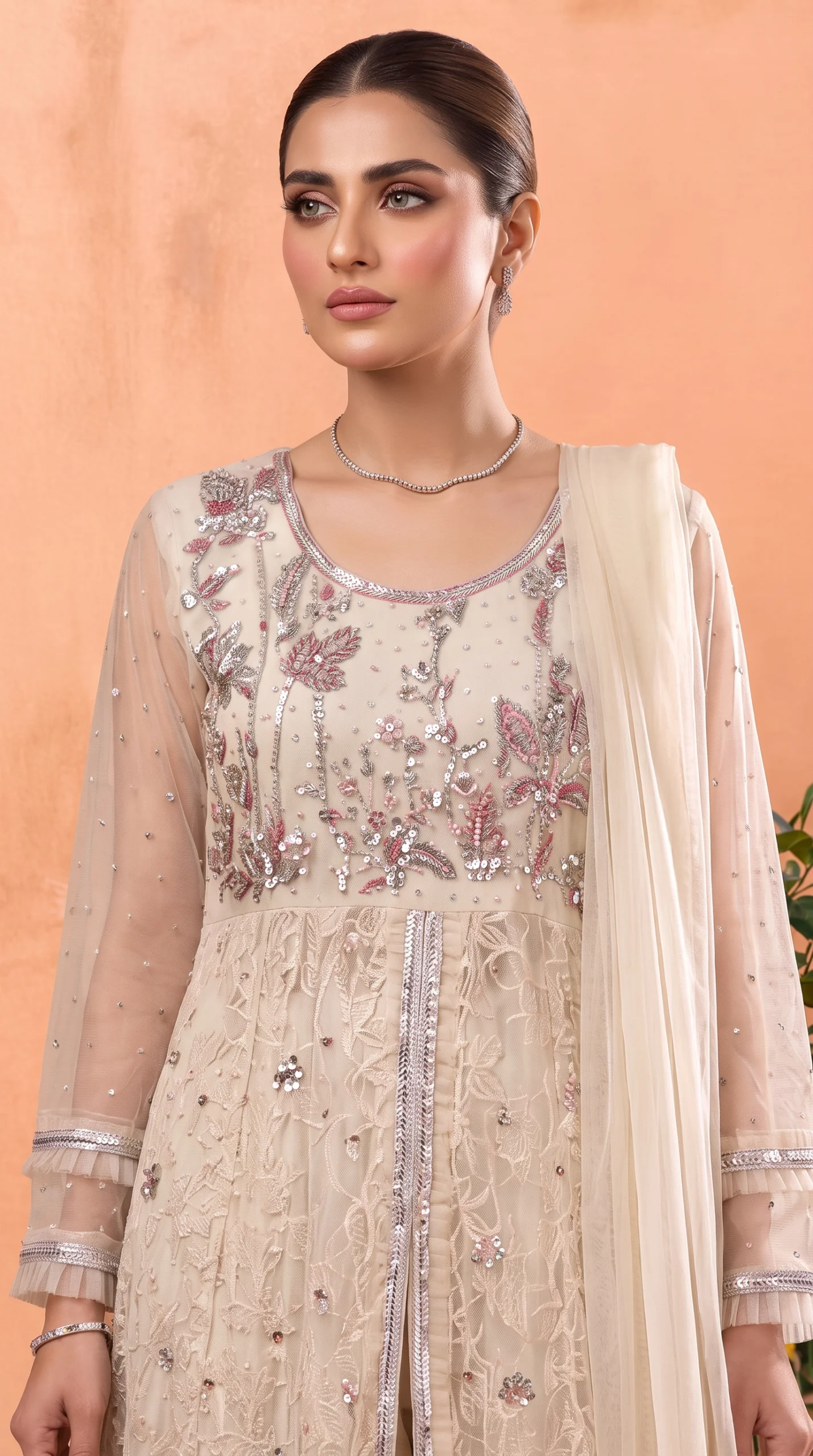 Blush Pink Angrakha Style Maxi Gown with Dupatta – Formal Wedding & Reception Wear