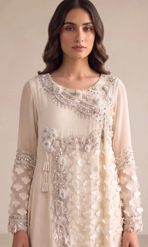 Off-White 3D Floral Embellished Long Shirt – Formal Luxury Festive Wear