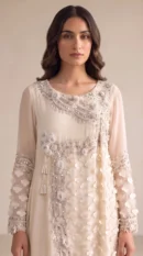Off-White 3D Floral Embellished Long Shirt – Formal Luxury Festive Wear