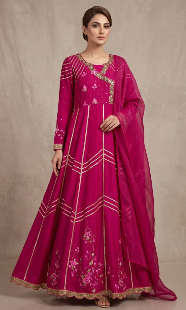 Fuchsia Pink Embroidered Pishwas Maxi Gown with Dupatta – Formal Festive Wear