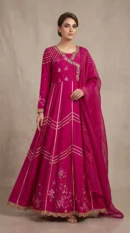 Fuchsia Pink Embroidered Pishwas Maxi Gown with Dupatta – Formal Festive Wear