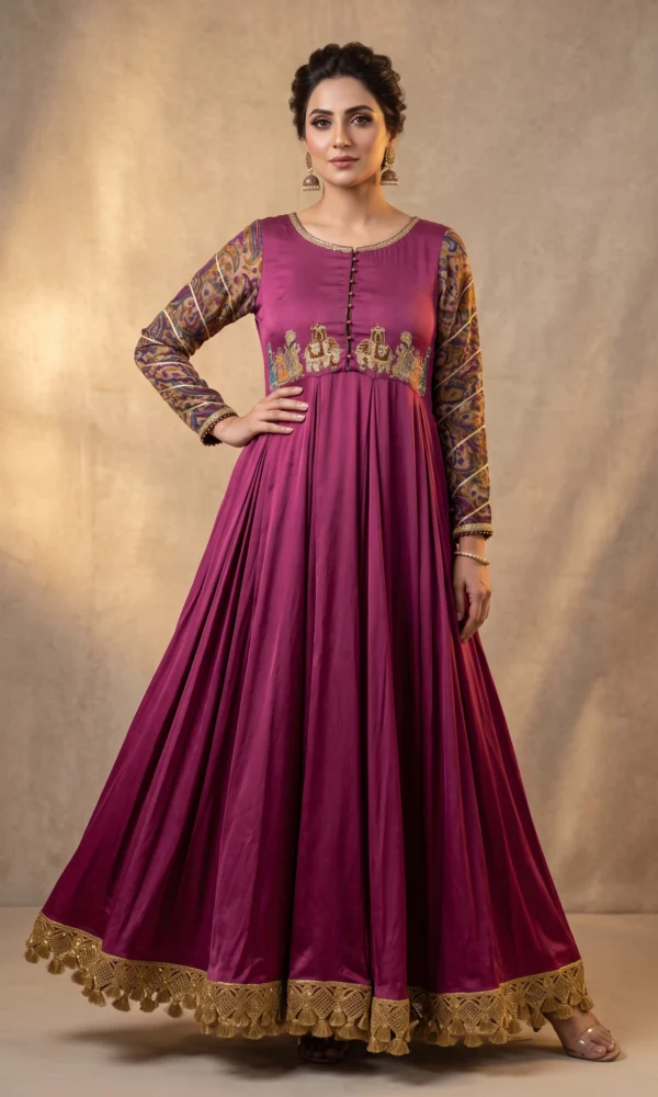 Magenta Embroidered Pishwas Maxi Gown with Tassel Hem – Formal Festive Wear
