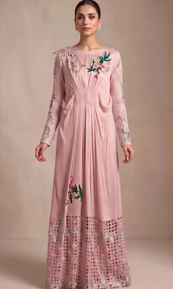 Dusty Pink Embroidered Couture Gown with Laser-Cut Hem – Formal Wedding & Reception Wear