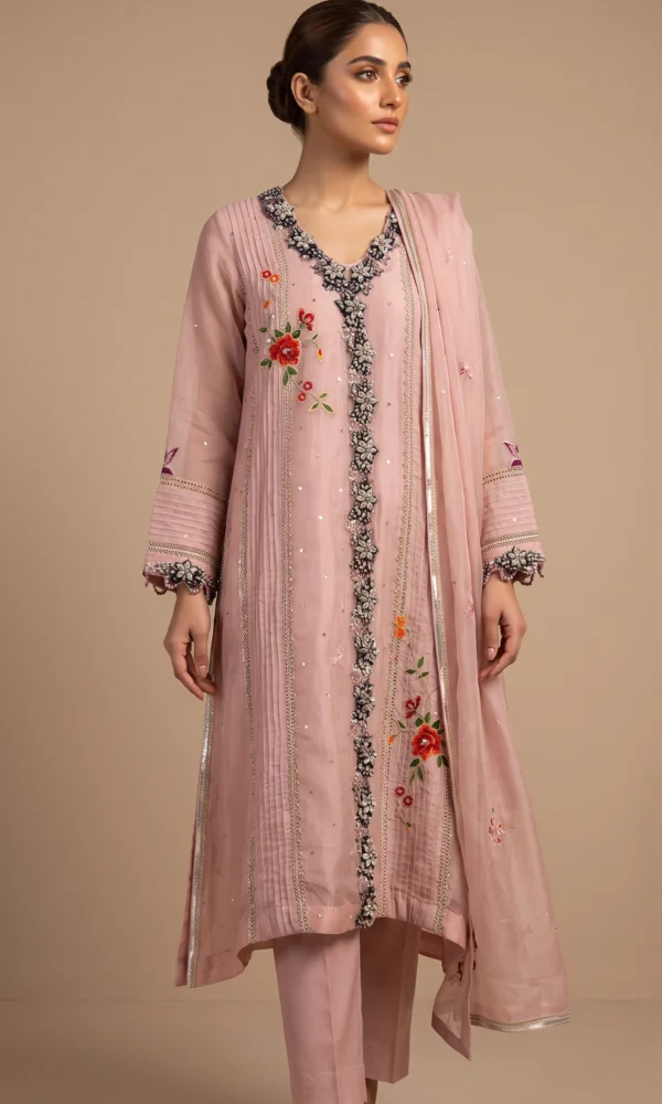 Dusty Pink Embroidered Long Shirt with Trousers & Dupatta – Formal Festive Wear