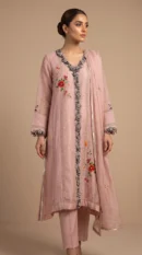 Dusty Pink Embroidered Long Shirt with Trousers & Dupatta – Formal Festive Wear