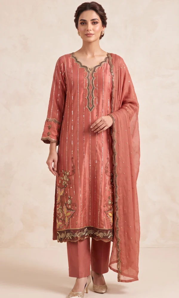 Dusty Coral Embroidered Long Shirt with Trousers & Dupatta – Formal Festive Wear