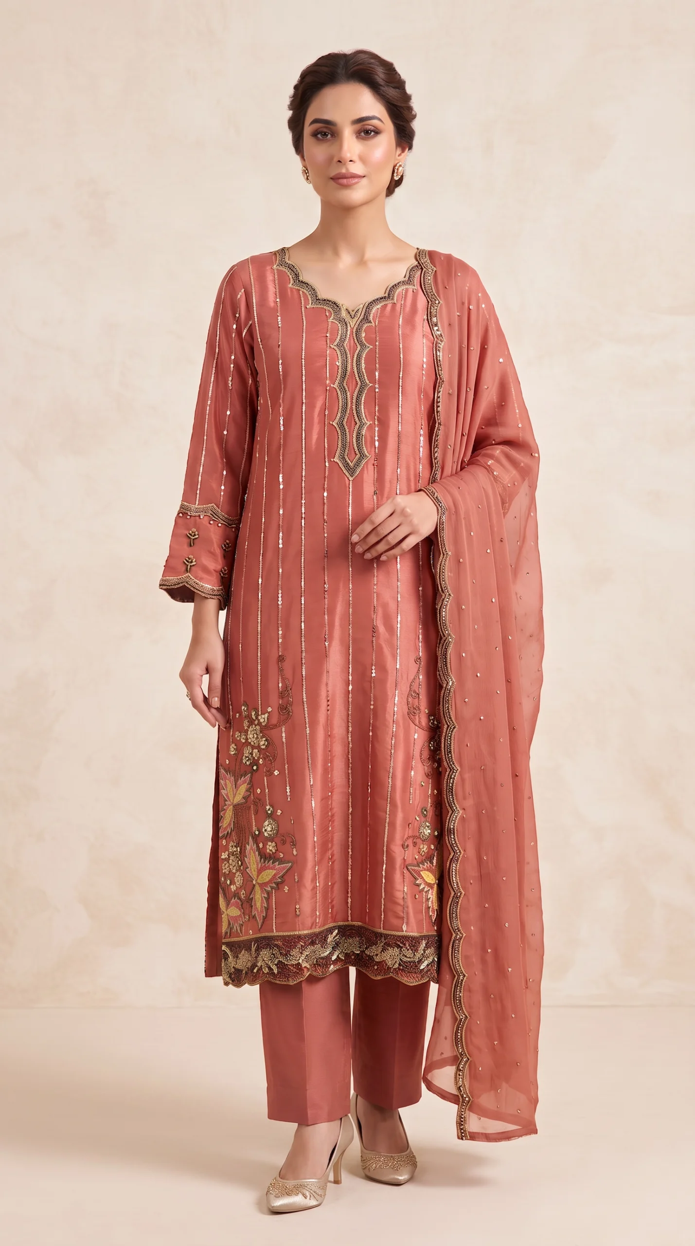Dusty Coral Embroidered Long Shirt with Trousers & Dupatta – Formal Festive Wear