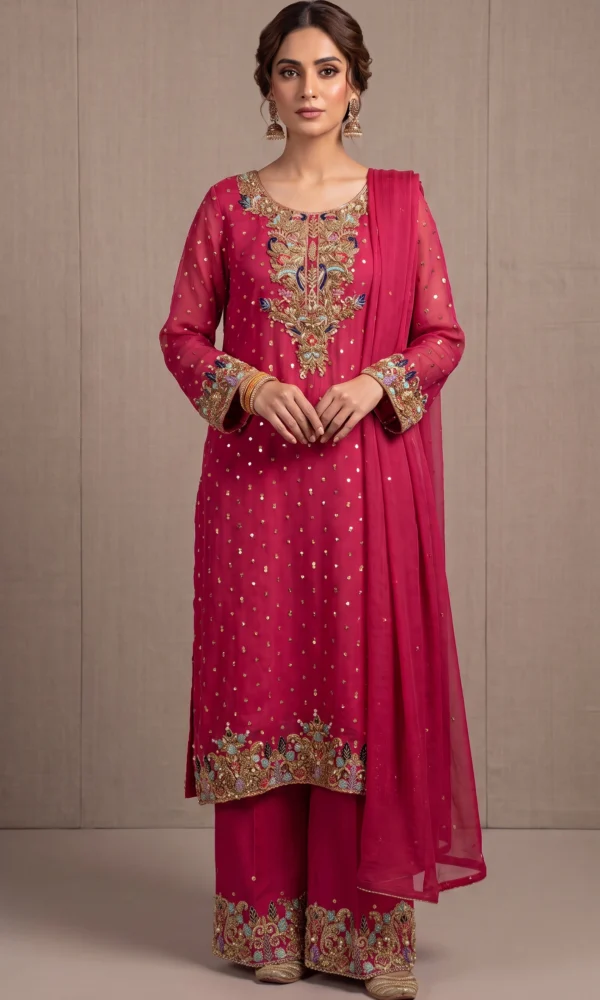 Magenta Gold-Embroidered Long Shirt with Palazzo & Dupatta – Formal Festive Wear