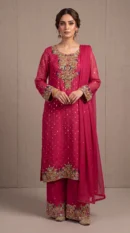 Magenta Gold-Embroidered Long Shirt with Palazzo & Dupatta – Formal Festive Wear