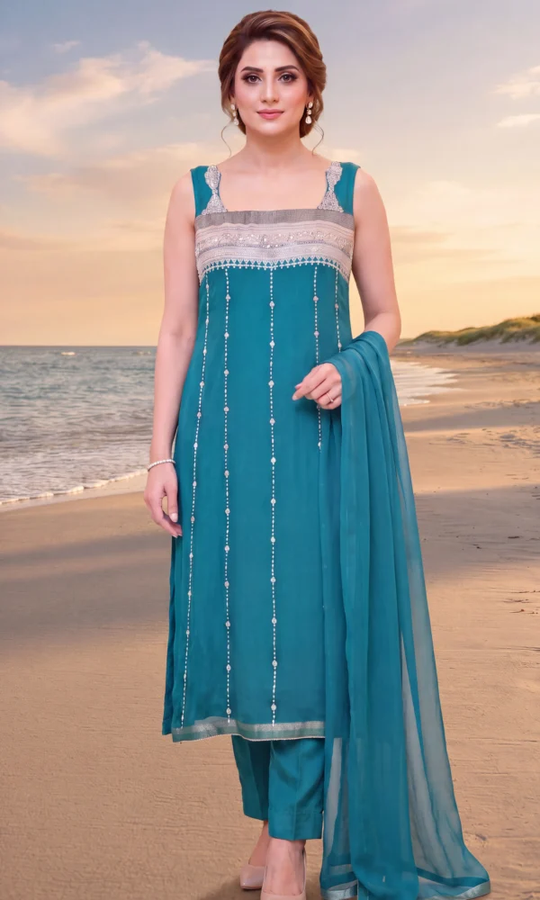 Teal Blue Embellished Sleeveless Long Shirt with Trousers & Dupatta – Formal Festive Wear