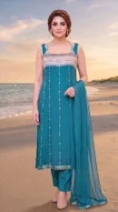 Teal Blue Embellished Sleeveless Long Shirt with Trousers & Dupatta – Formal Festive Wear
