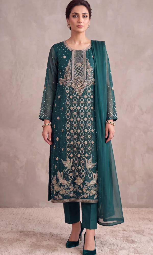 Emerald Green Gold-Embroidered Long Shirt with Trousers & Dupatta – Formal Festive Wear