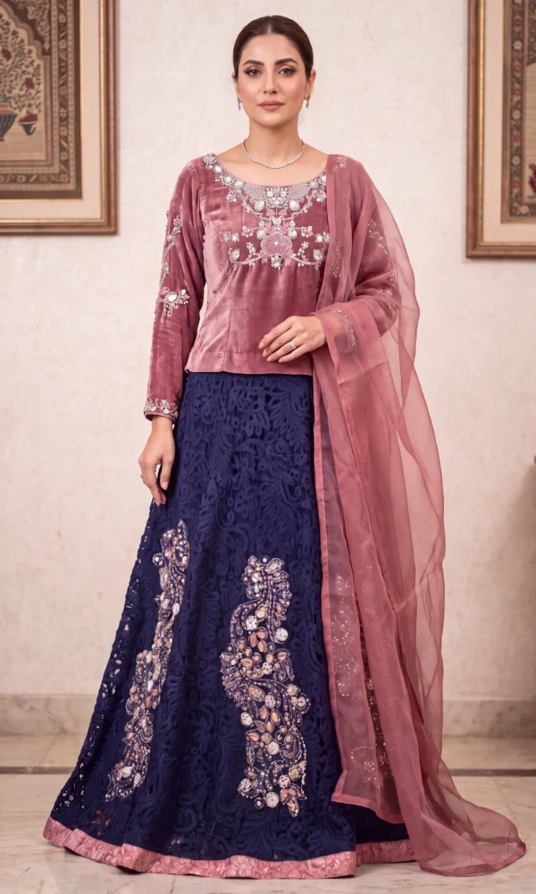 Mauve Velvet Blouse with Navy Blue Embroidered Lehenga & Dupatta – Formal Wedding Wear