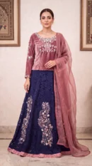 Mauve Velvet Blouse with Navy Blue Embroidered Lehenga & Dupatta – Formal Wedding Wear