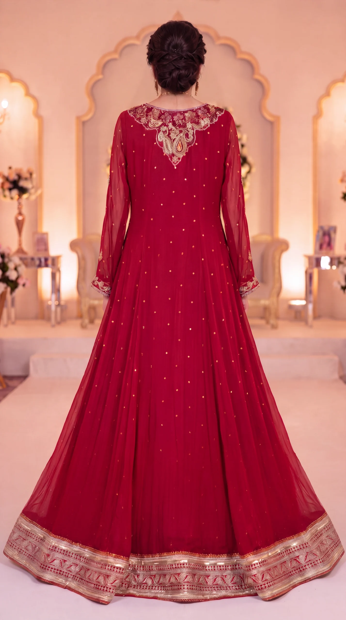 Deep Maroon Sequin-Embellished Pishwas Maxi Gown with Dupatta – Formal Wedding & Bridal Wear - Image 2