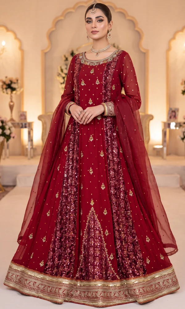 Deep Maroon Sequin-Embellished Pishwas Maxi Gown with Dupatta – Formal Wedding & Bridal Wear