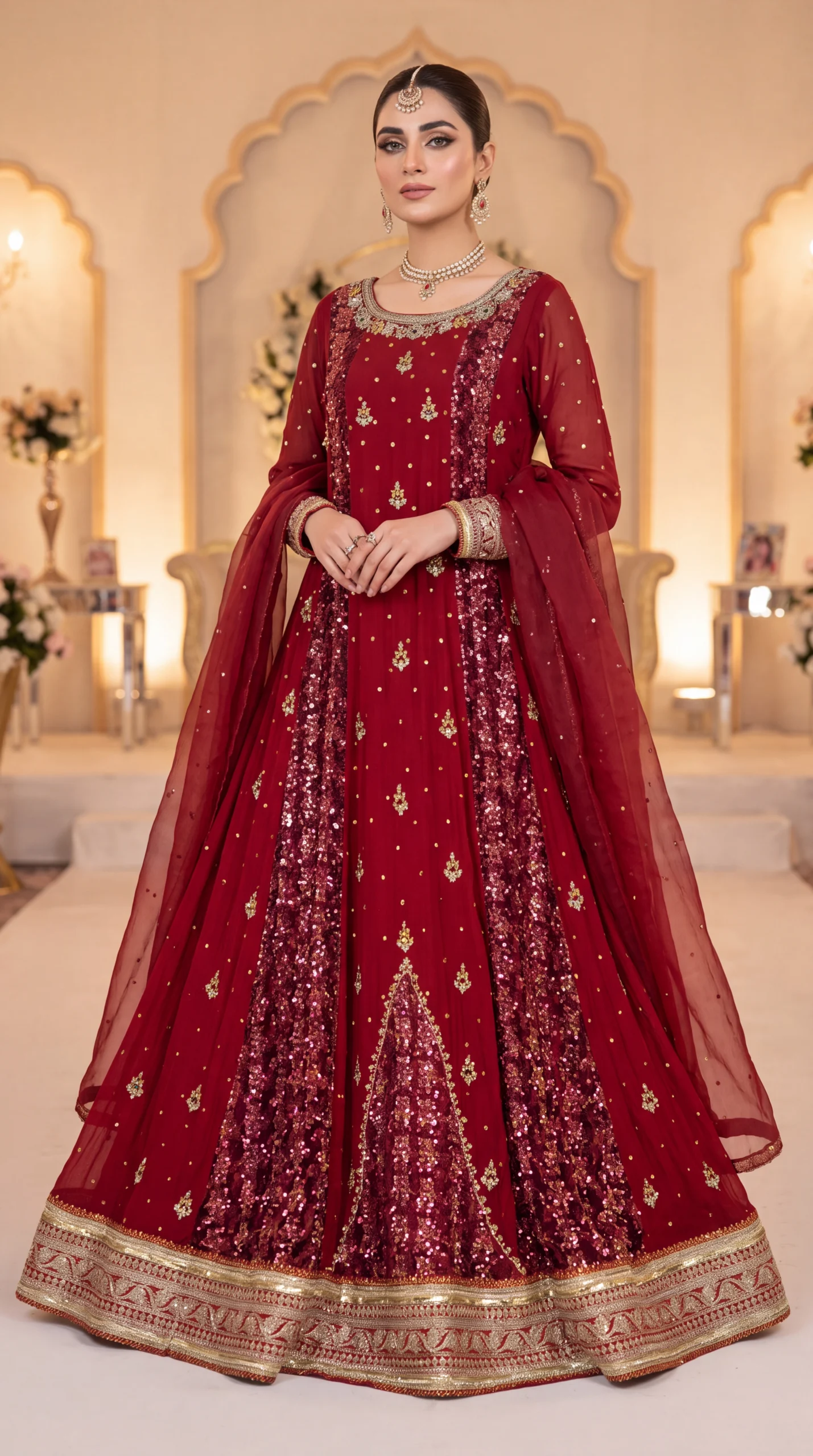 Deep Maroon Sequin-Embellished Pishwas Maxi Gown with Dupatta – Formal Wedding & Bridal Wear