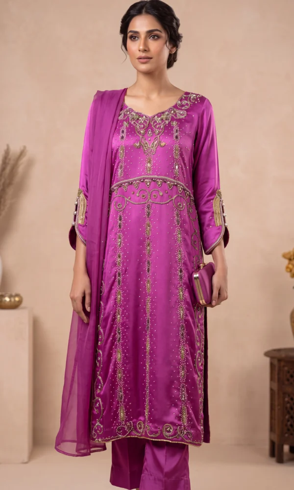 Magenta Purple Gold-Embroidered Long Shirt with Trousers & Dupatta – Formal Festive Wear