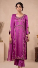 Magenta Purple Gold-Embroidered Long Shirt with Trousers & Dupatta – Formal Festive Wear