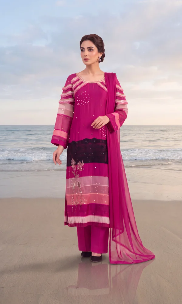 Magenta Ruffled Sleeve Long Shirt with Trousers & Dupatta – Formal Festive Wear
