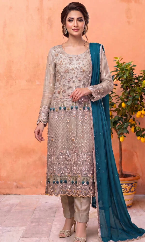 Champagne Gold Embroidered Long Shirt with Teal Dupatta – Formal Festive Wear