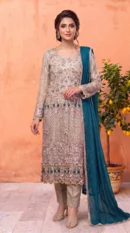 Champagne Gold Embroidered Long Shirt with Teal Dupatta – Formal Festive Wear