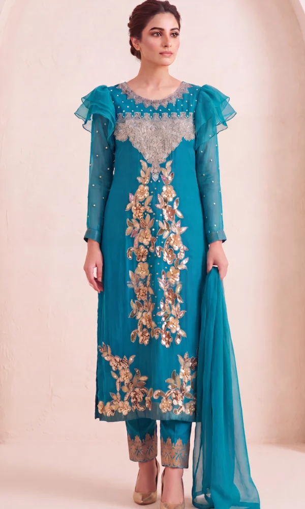 Teal Blue Embroidered Long Shirt with Trousers & Dupatta – Formal Festive Wear