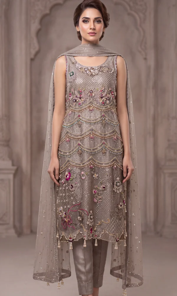 Taupe Scalloped Tiered Embellished Long Shirt with Trousers & Dupatta – Formal Festive Wear