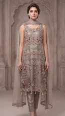Taupe Scalloped Tiered Embellished Long Shirt with Trousers & Dupatta – Formal Festive Wear