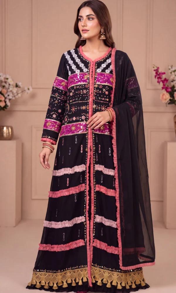 Black Embroidered Long Coat with Pink Ruffles & Dupatta – Formal Festive Wear