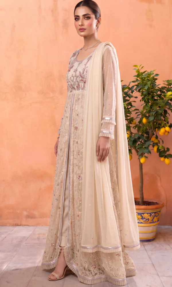 Champagne Front-Open Embroidered Gown with Trousers & Dupatta – Formal Festive Wear