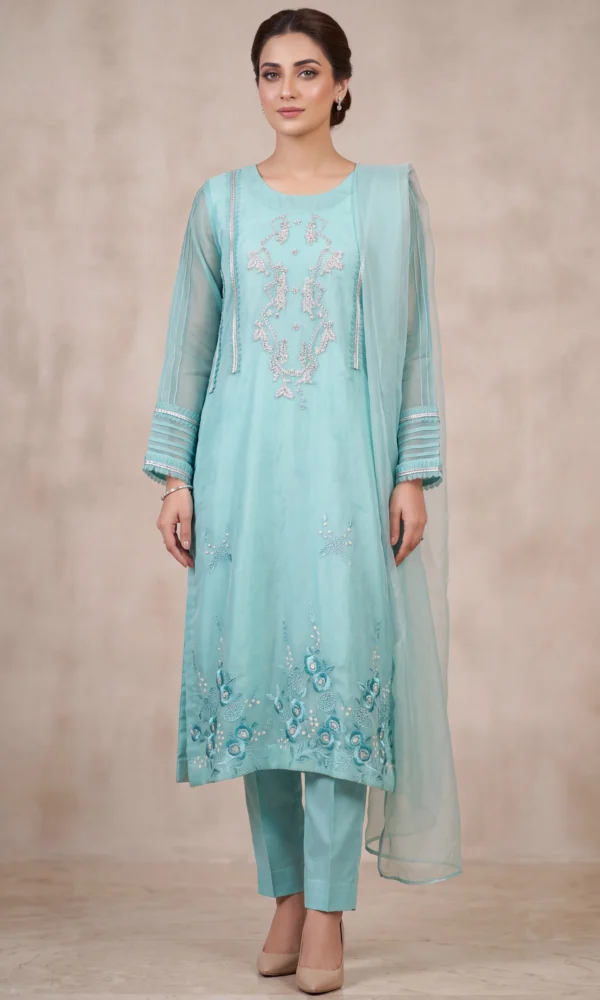 Mint Blue Embroidered Long Shirt with Trousers & Dupatta – Formal Festive Wear