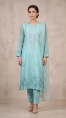 Mint Blue Embroidered Long Shirt with Trousers & Dupatta – Formal Festive Wear