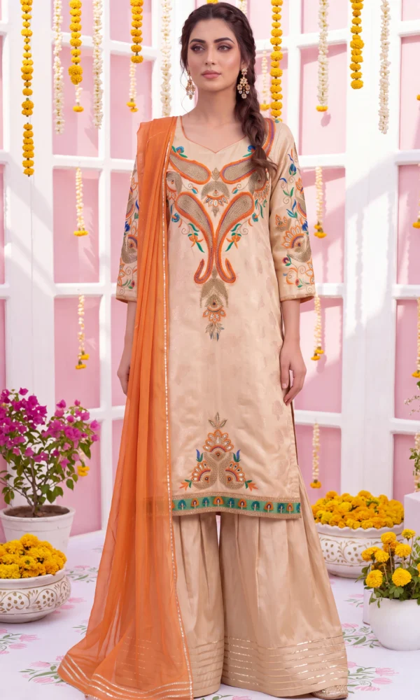Champagne Brocade Shirt with Sharara & Orange Dupatta – Formal Festive Wear
