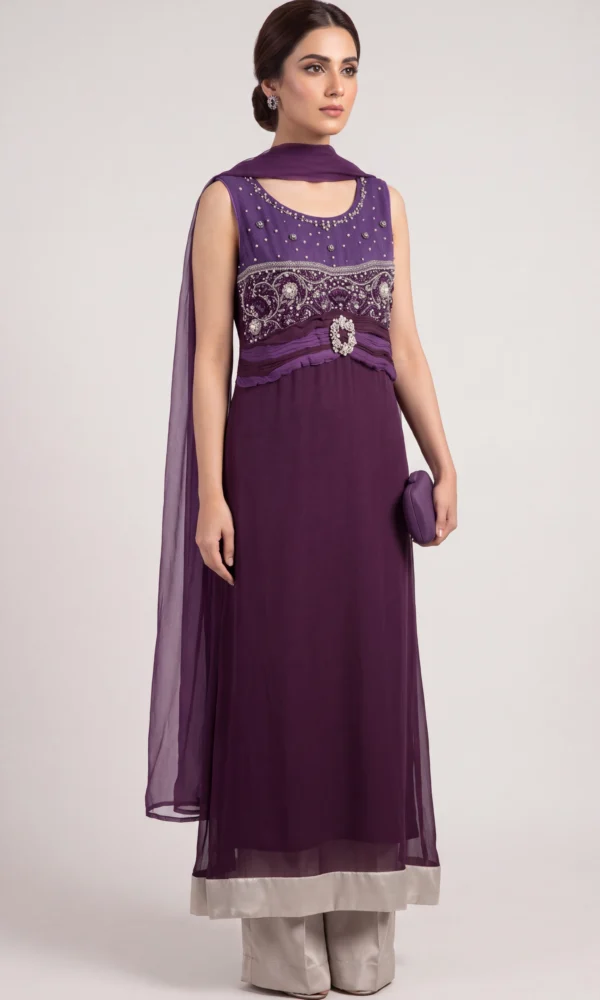 Deep Purple Embellished Sleeveless Long Shirt with Trousers & Dupatta – Formal Wear