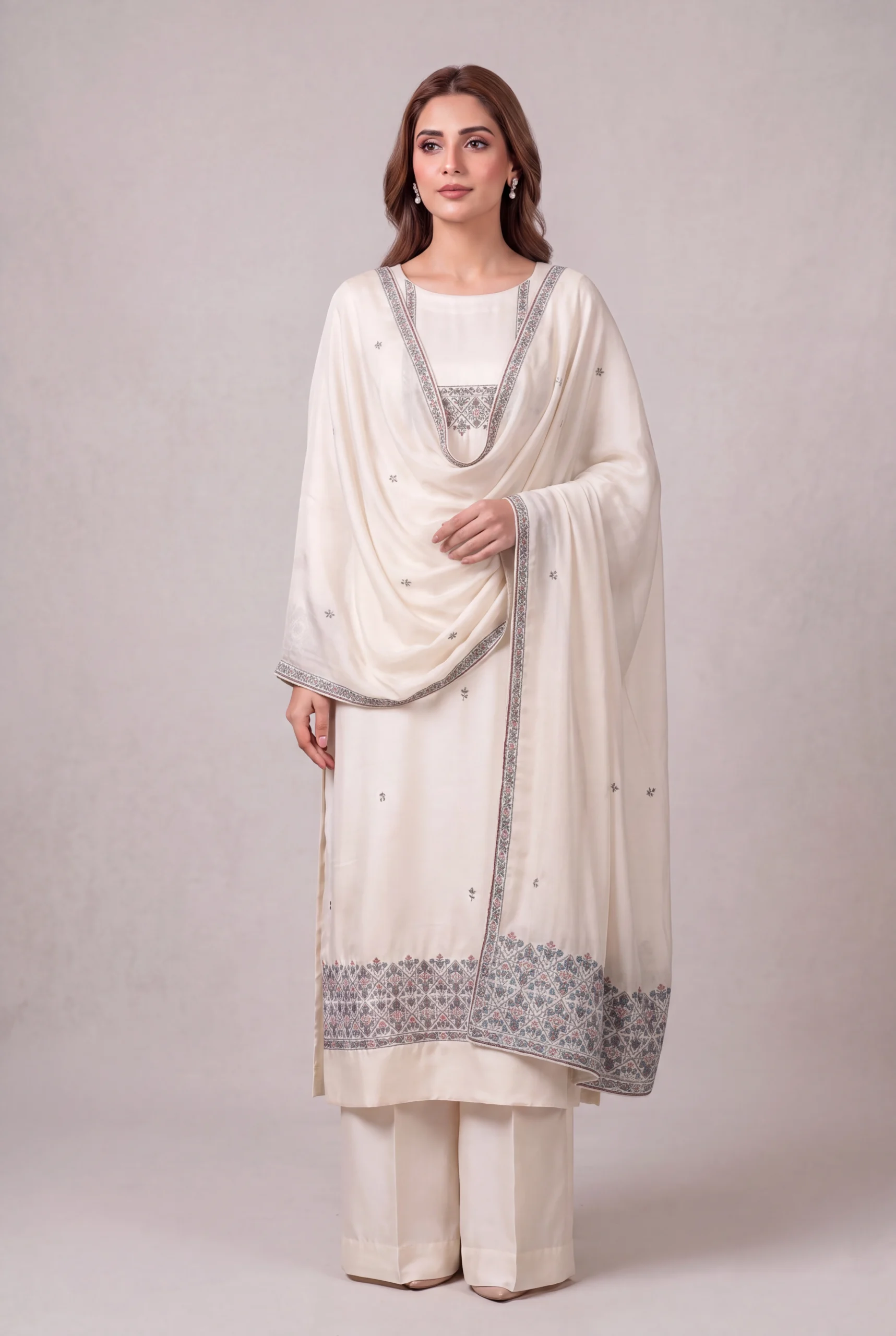 Ivory Embroidered Long Shirt with Wide Trousers & Dupatta – Formal Festive Wear - Image 2