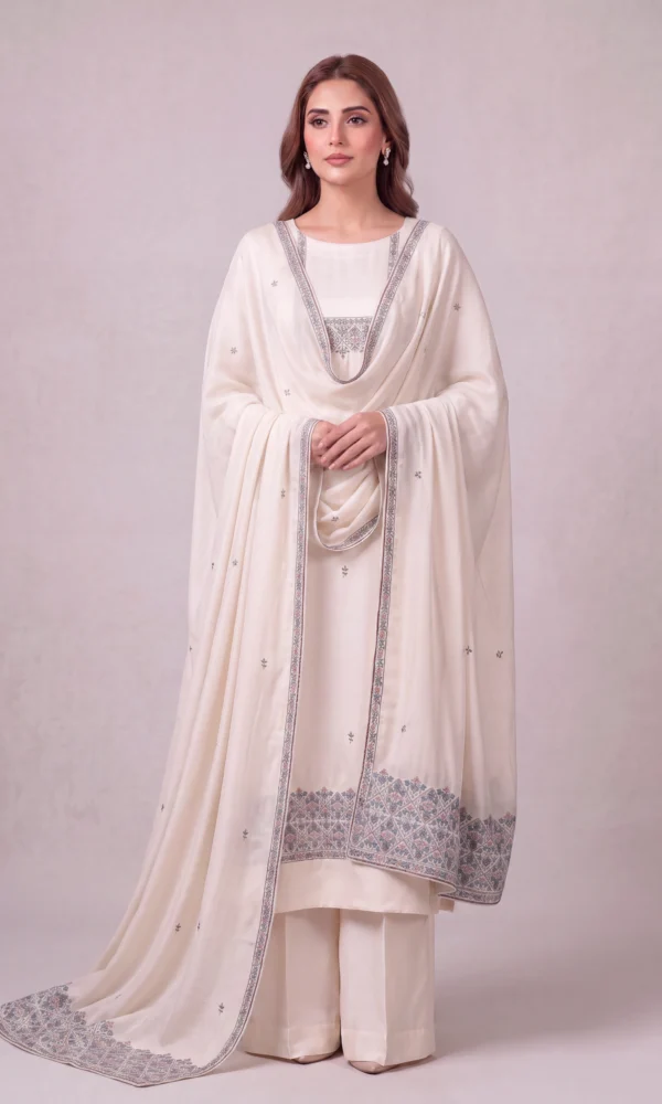 Ivory Embroidered Long Shirt with Wide Trousers & Dupatta – Formal Festive Wear