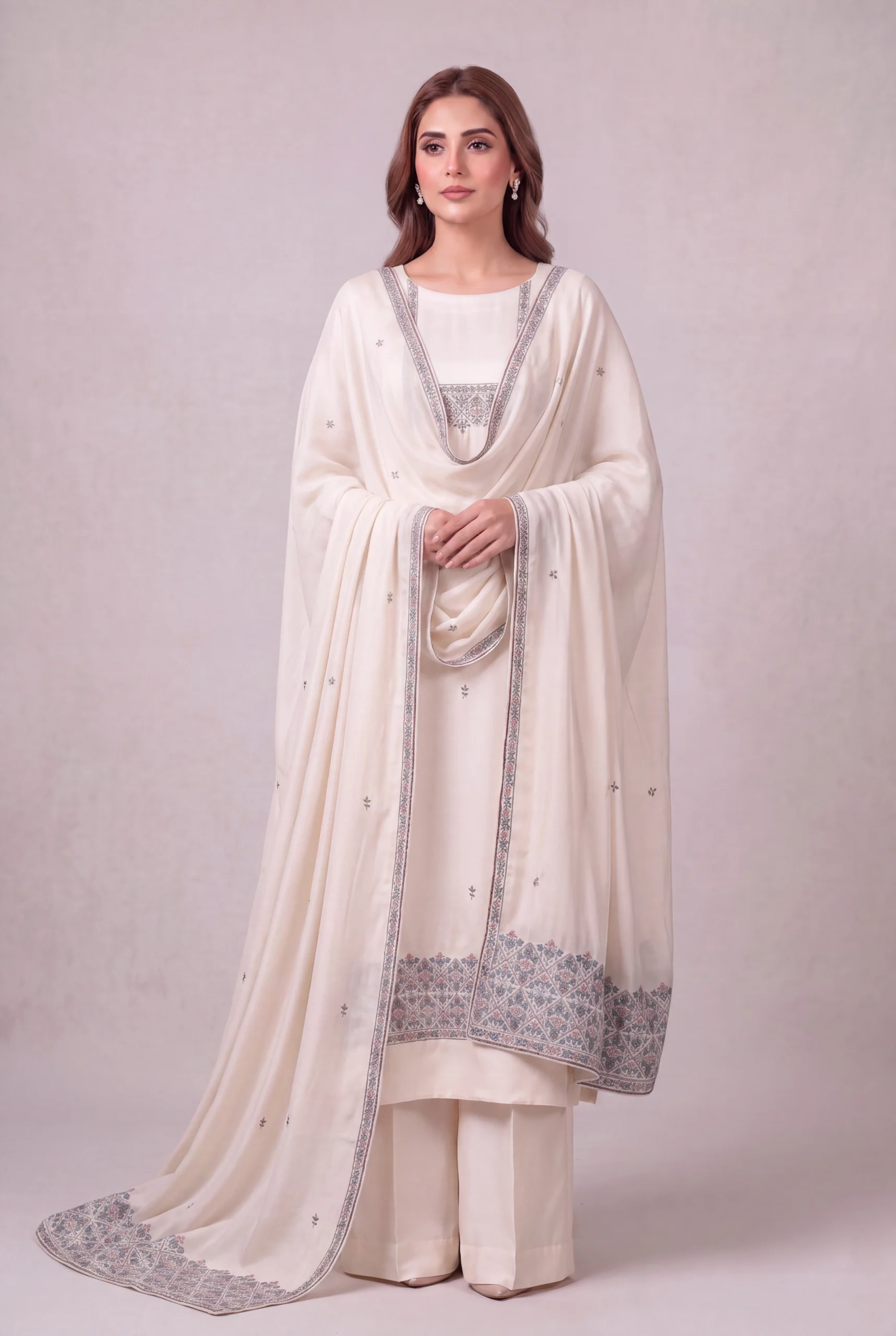 Ivory Embroidered Long Shirt with Wide Trousers & Dupatta – Formal Festive Wear