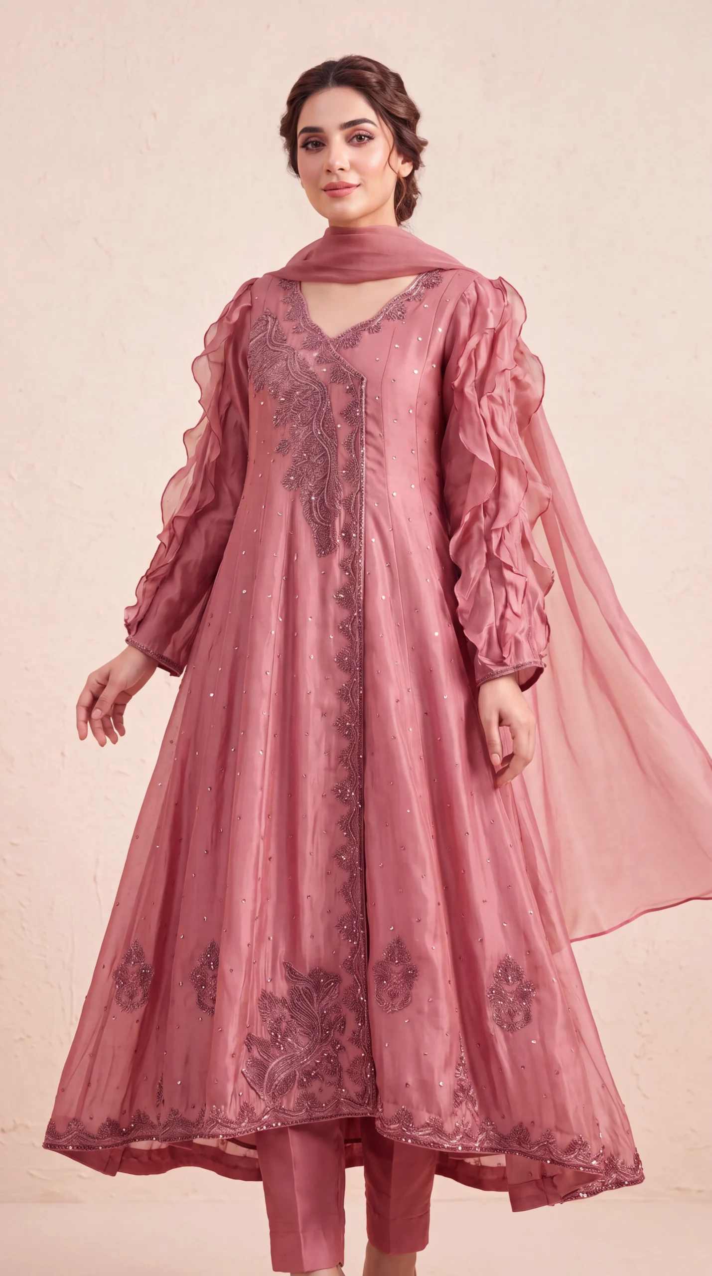 Dusty Pink Embroidered Angrakha Pishwas with Ruffled Sleeves & Dupatta – Formal Wear - Image 2