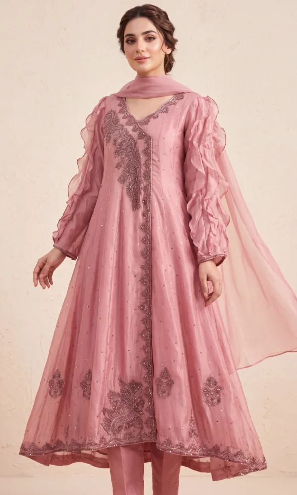 Dusty Pink Embroidered Angrakha Pishwas with Ruffled Sleeves & Dupatta – Formal Wear