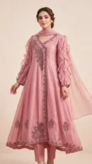 Dusty Pink Embroidered Angrakha Pishwas with Ruffled Sleeves & Dupatta – Formal Wear