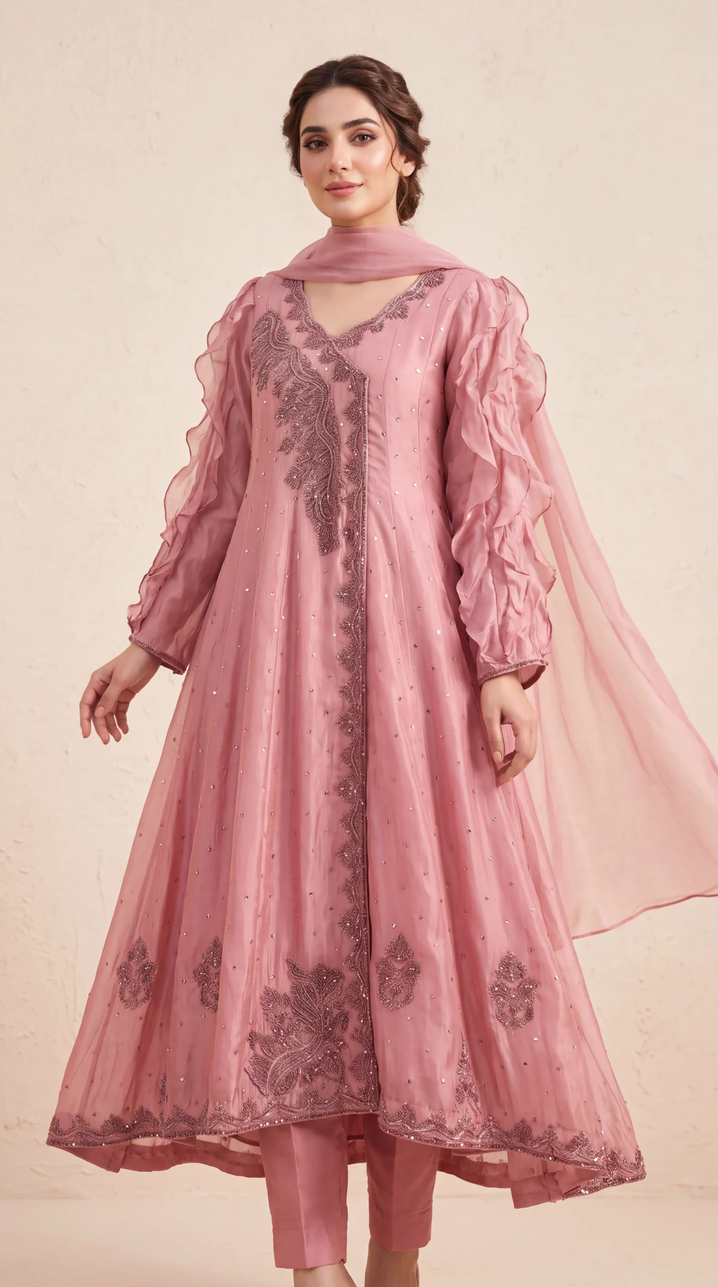 Dusty Pink Embroidered Angrakha Pishwas with Ruffled Sleeves & Dupatta – Formal Wear
