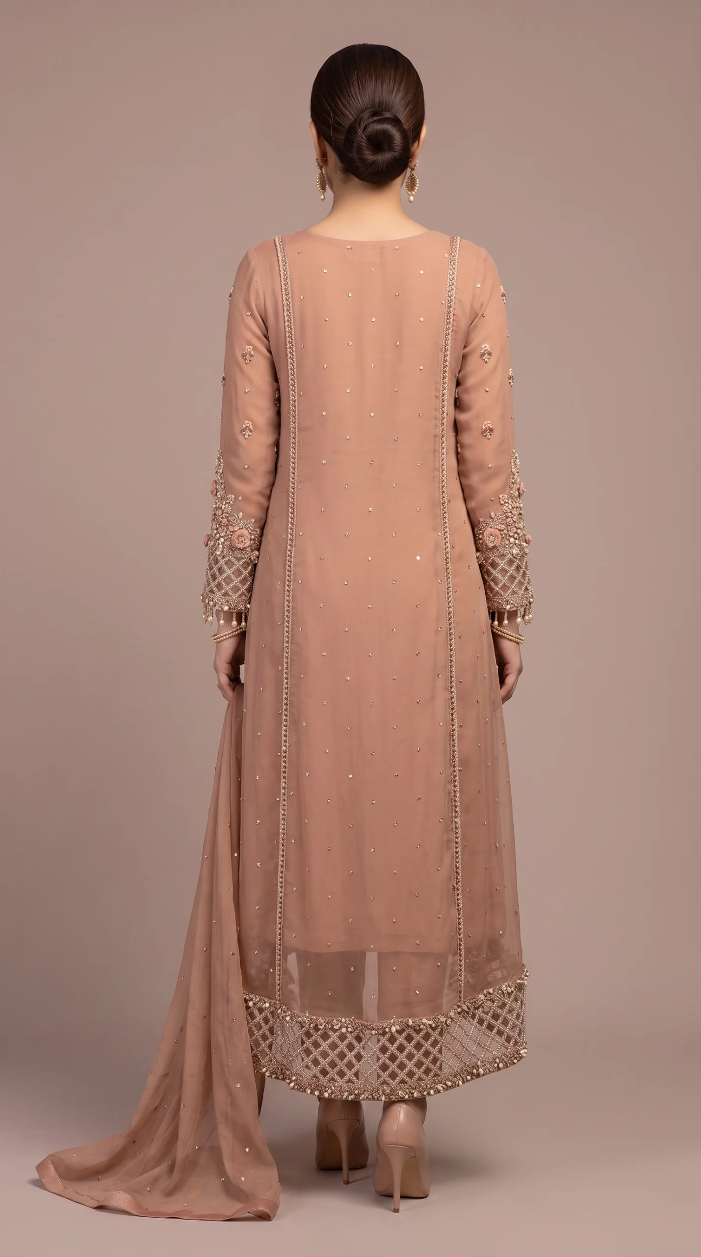 Caramel 3D Floral Embellished High-Low Shirt with Trousers & Dupatta – Formal Wear - Image 2