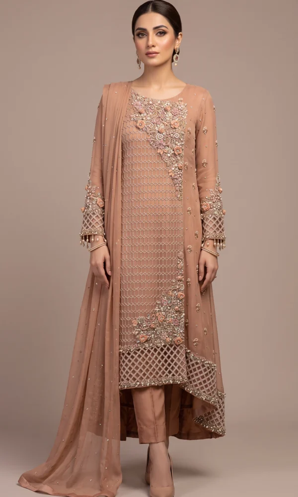 Caramel 3D Floral Embellished High-Low Shirt with Trousers & Dupatta – Formal Wear