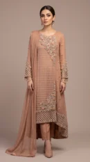 Caramel 3D Floral Embellished High-Low Shirt with Trousers & Dupatta – Formal Wear