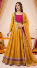 Mustard & Hot Pink Angrakha Pishwas with Paisley Hem – Formal Mehndi & Festive Wear