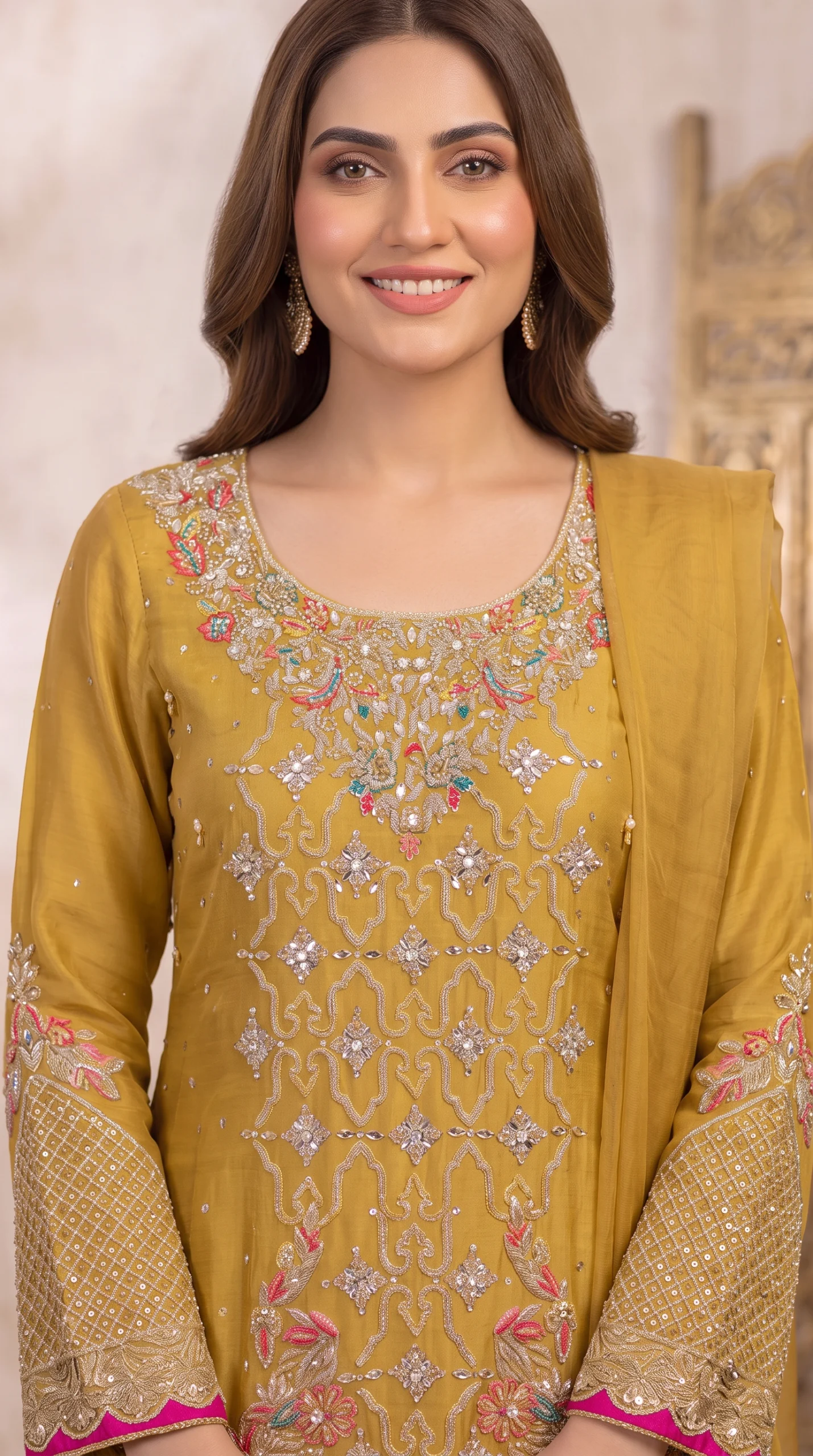 Mustard Gold Embroidered Long Shirt with Trousers & Dupatta – Formal Festive Wear - Image 2