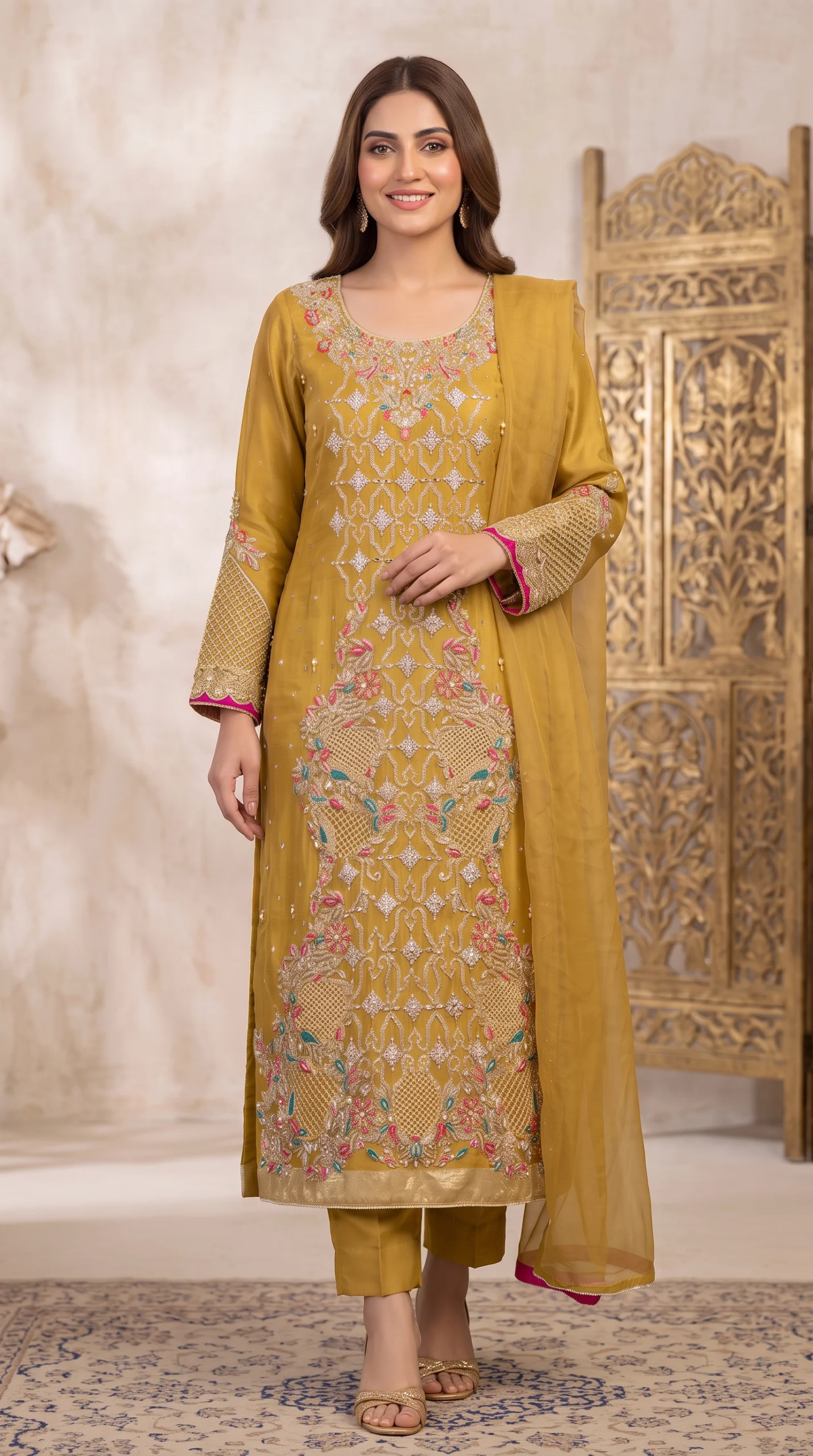 Mustard Gold Embroidered Long Shirt with Trousers & Dupatta – Formal Festive Wear