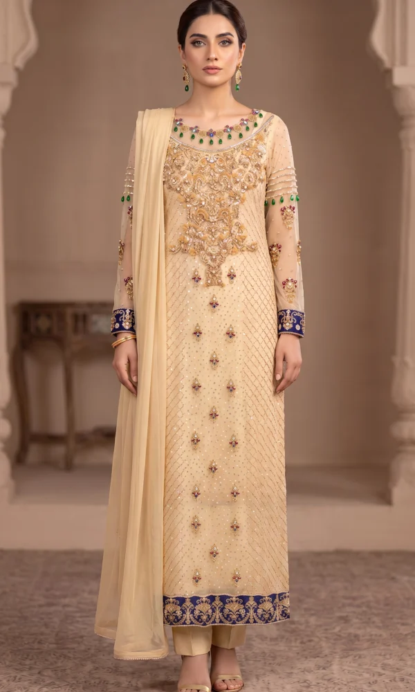 Champagne Gold Embroidered Long Shirt with Blue Cuffs & Dupatta – Formal Festive Wear
